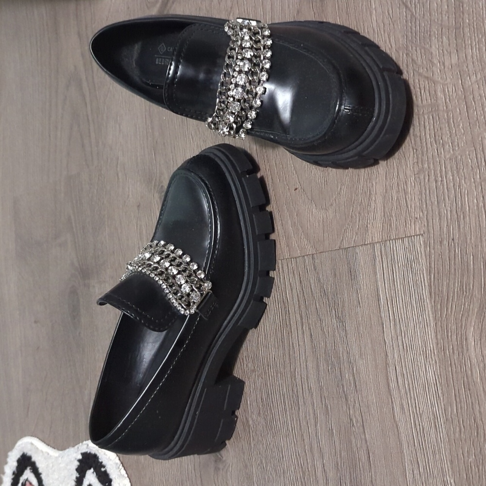 Black Chunky Rhinestone Loafers for Women